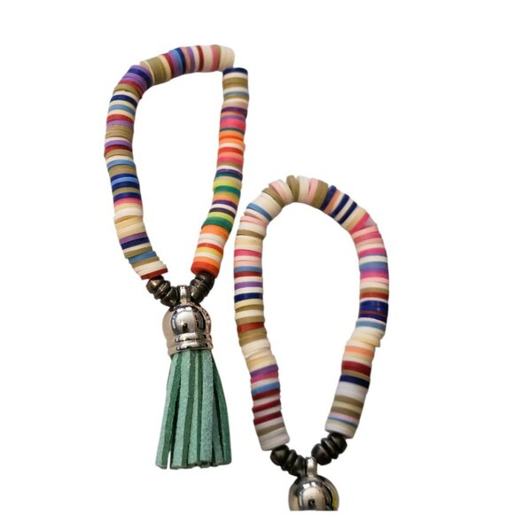 Cute Heishi Vinyl Stretch Bracelets in Multi-Colors with Tassels Set of 3 - New - Picture 3 of 4